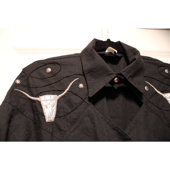 Vintage Lilia Smitty - Black Western Cowboy Shirt with Silver Bulls - Picture 9 of 9